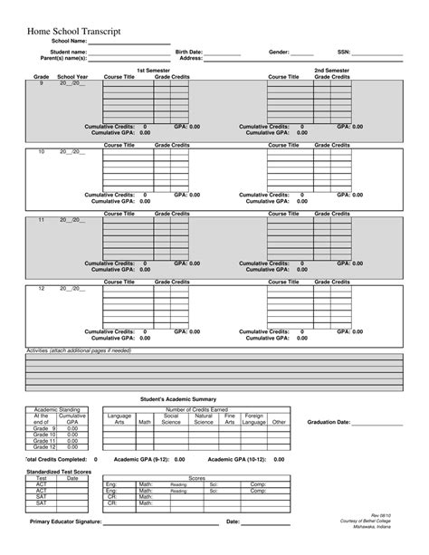 Free Printable Homeschool Transcript Template Printable Templates