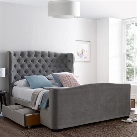 Downton Grey Velvet Fabric 2 Drawer Storage Bed Frame 6ft Super King Size Luxury Bed Frames