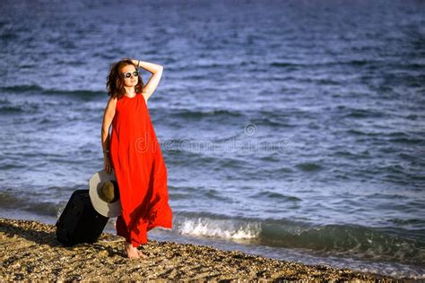 Woman In Red Dress With Suitcase Sea Stock Image Image Of Female