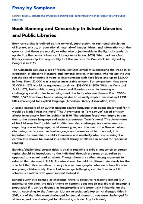 Book Banning And Censorship In School Libraries And Public Libraries Free Essay Sample On
