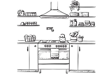 Kitchen Sketching Interior Food Illustrations Creative Market