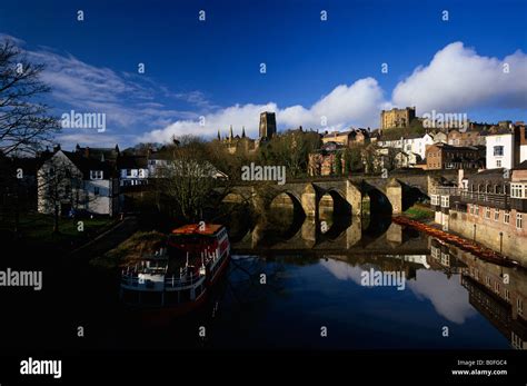Durham Castle Cathedral And City Skyline Over The River Wear In Early