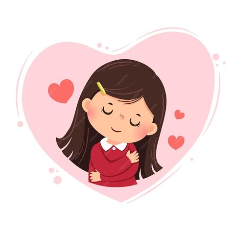 Caricatura De Una Niña Abrazándose A Sí Misma En Corazón Rosa ámate A