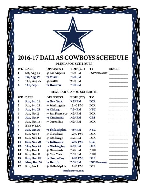 Dallas Cowboys Printable Schedule