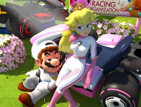 Mario Kart And Princess Peach On A Pink Race Car