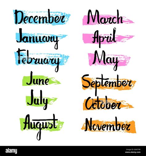 Unique Calendar Collection Of Months Hand Drawn Names Of Month Stock