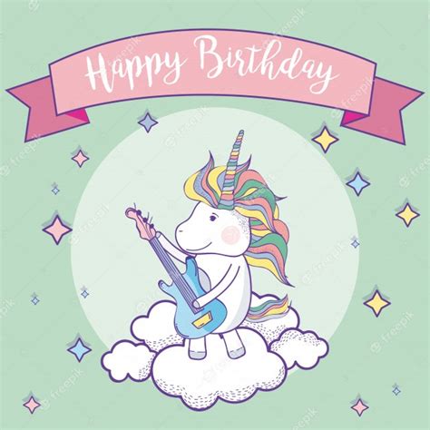 Premium Vector Happy Birthday Card With Cute Unicorns Fantasy Cartoons