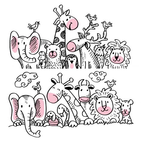 Conjunto De Ilustración De Dibujos Animados Con Animales Lindos Vector Premium