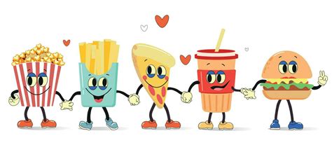 Set Of Funny Fast Food Characters Pizza French Fries Burger