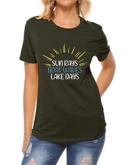 Twzh Women Sun Rays Boat Waves Lake Days Letter Print Tee Funny Style T