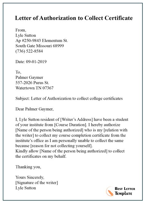 21 Free Authorization Letter Sample And Example For Certificate Of