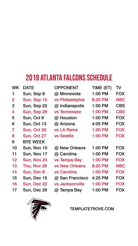 Atlanta Falcons Printable Schedule