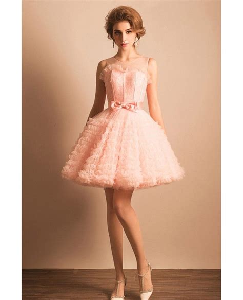 Super Cute Pink Puffy Short Ballgown Prom Dress With Bow Agp18457