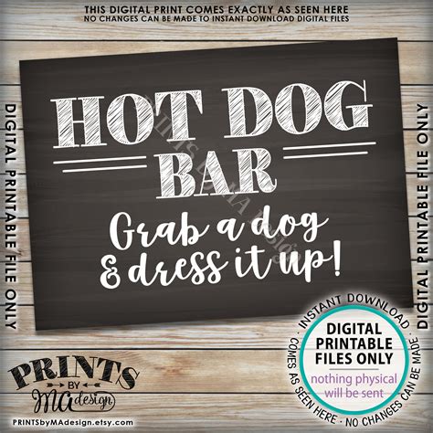 Hot Dog Bar Sign Grab A Dog And Dress It Up Barbeque Bbq Printable 5x7