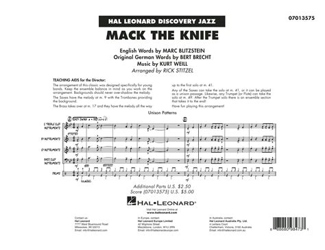 Bobby Darin Mack The Knife Arr Rick Stitzel Conductor Score Full Score Sheet Music And