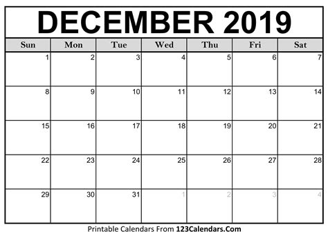 December 2019 Calendar Blank Easily Printable 123calendars