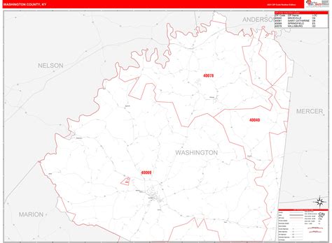 Washington County Ky Zip Code Wall Map Red Line Style By