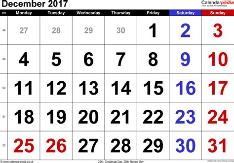 Calendar December 2017 Uk Bank Holidays Excelpdfword Templates