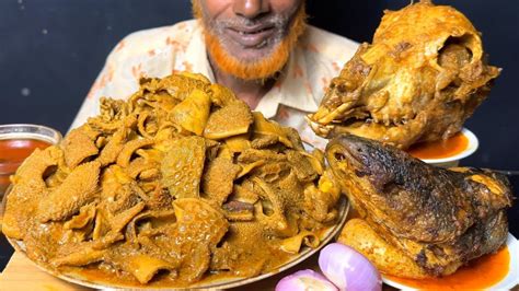 Eating Spicy Big Goat Head Curry Mutton Boti Curry With Fish Head Curry Rice Salat Asmr