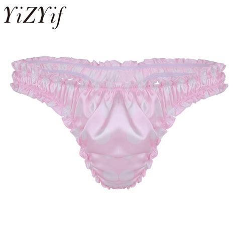 Yizyif New Sexy Men Lingerie Soft Lace Shiny Satin Thong Bikini Underwear Sissy Bulge Pouch