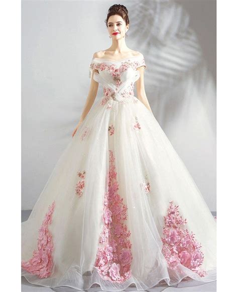 Stunning Fairy Pink Flowers Ball Gown Formal Dress With Long Train Wholesale T69041