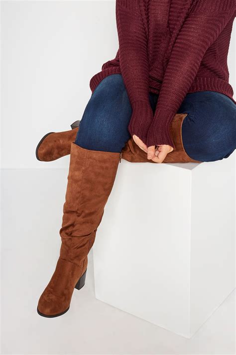 brown knee high ruched heeled boots in extra wide fit yours clothing