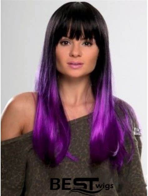 Sassy Ombre2 Tone Long Straight With Bangs 22 Human Lace Wigs