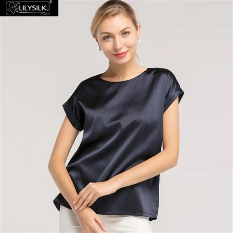 Lilysilk Silk T Shirt Short Sleeves Round Neck 19 Momme Ladies New Navy Blue White Free Shipping