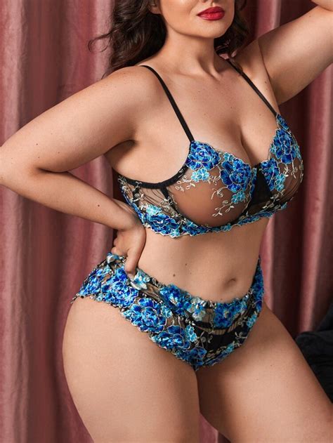 Plus Embroidery Sheer Mesh Underwire Lingerie Set Shein Usa Plus Size Intimates Plus Size