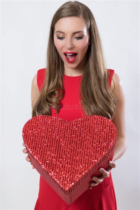 Happy Young Woman Holding A Big Heart Present Valentine S Day Stock Image Image Of