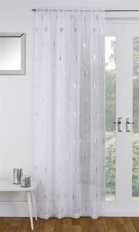 Shimmery Metallic Silver Birch Trees White Voile Net Curtain Panels