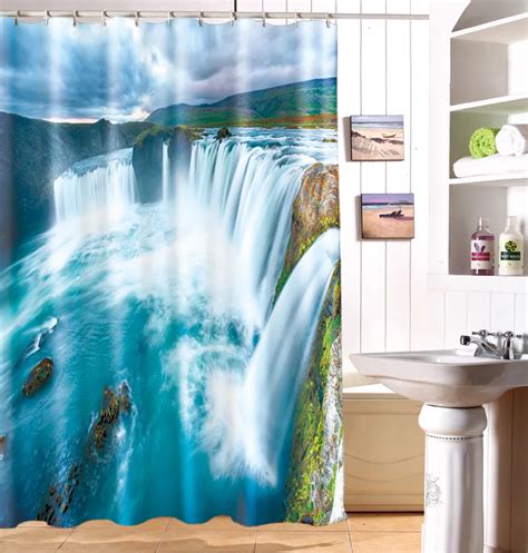 Blue Waterfall 3d Photo Digital Printing Bath Waterproof Fabric Shower