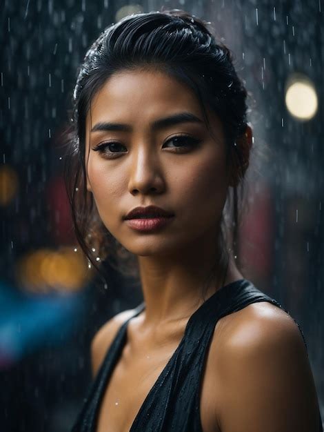 Premium Ai Image Woman In A Black Dress Standing Gracefully In The Pouring Rain With Her