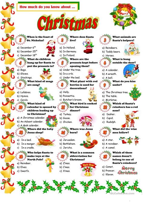 The largest collection of trivia questions & answers on the web. Christmas Quiz worksheet - Free ESL printable worksheets ...