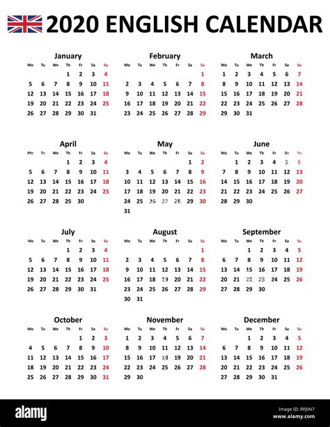 Simple Editable Vector Calendar For Year 2020 In English Isolated On
