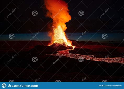 Aerial View Of Lava Pouring Out Of An Erupting Volcano In Iceland Stock