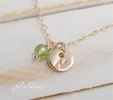Peridot Necklace Tiny 14k Gold Filled Disc Initial Necklace Etsy
