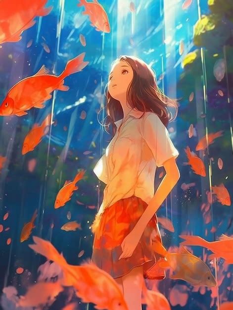 Premium Photo Anime Girl Standing In The Rain With Fish Flying Around