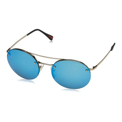 Prada Mens Round Aviator Sunglasses Matte Gold Blue Mirror