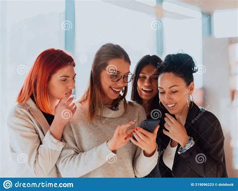 Portrait Of Successful Group At Modern Office Happy Womans Using