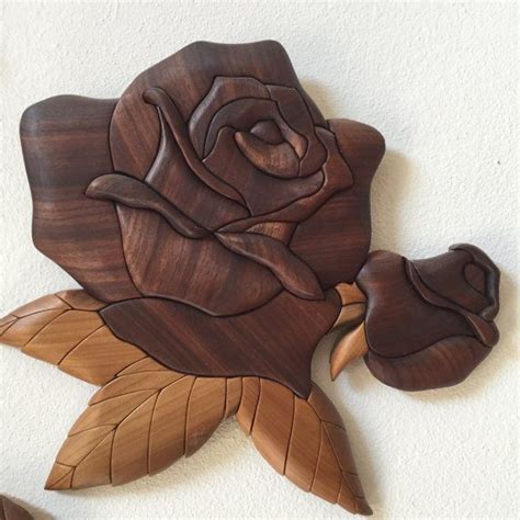 Intarsia Wood Rose With Rosebud Plaque Aged By