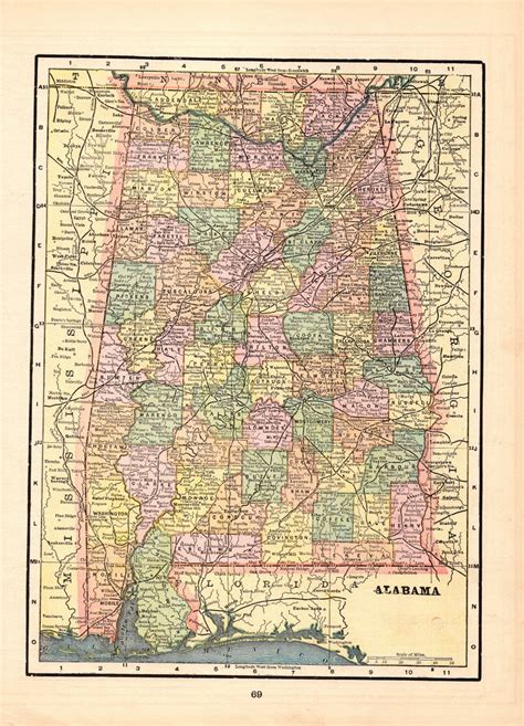 1894 Antique Alabama State Map George Cram Atlas Map Of Etsy