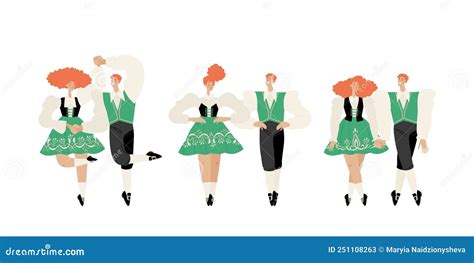 Set Of Vector Illustrations Of Young People Dancing Irish Dances In