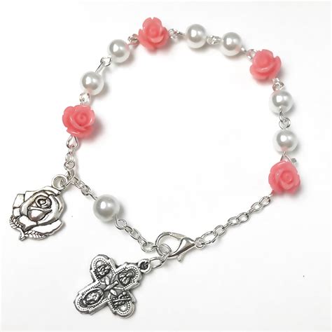 Four Way Medal Pink Roses Rosary Bracelet By Risen Rosaries