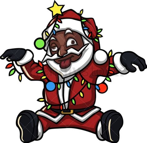 Black Santa Claus Entangled In Christmas Lights Cartoon Clipart