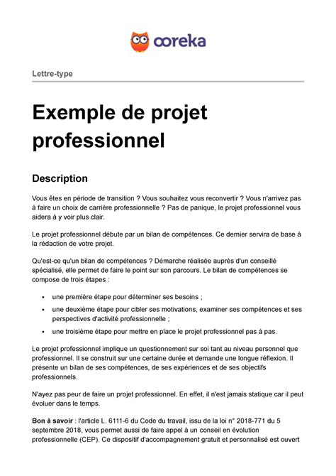 Ooreka exemple projet professionnel  Lettretype Exemple de projet