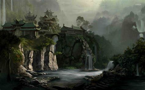 Temples Over The Waterfalls Hd Wallpaper With Images Fantasy