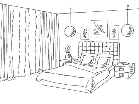 Bedroom Black White Graphic Art Interior Sketch Illustration Vector