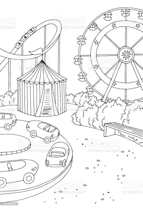 Amusement Park Landscape Graphic Black White Sketch Vertical