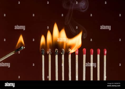 Lit Match Next To A Row Of Lighting Matches Red Phosphorus Matches On
